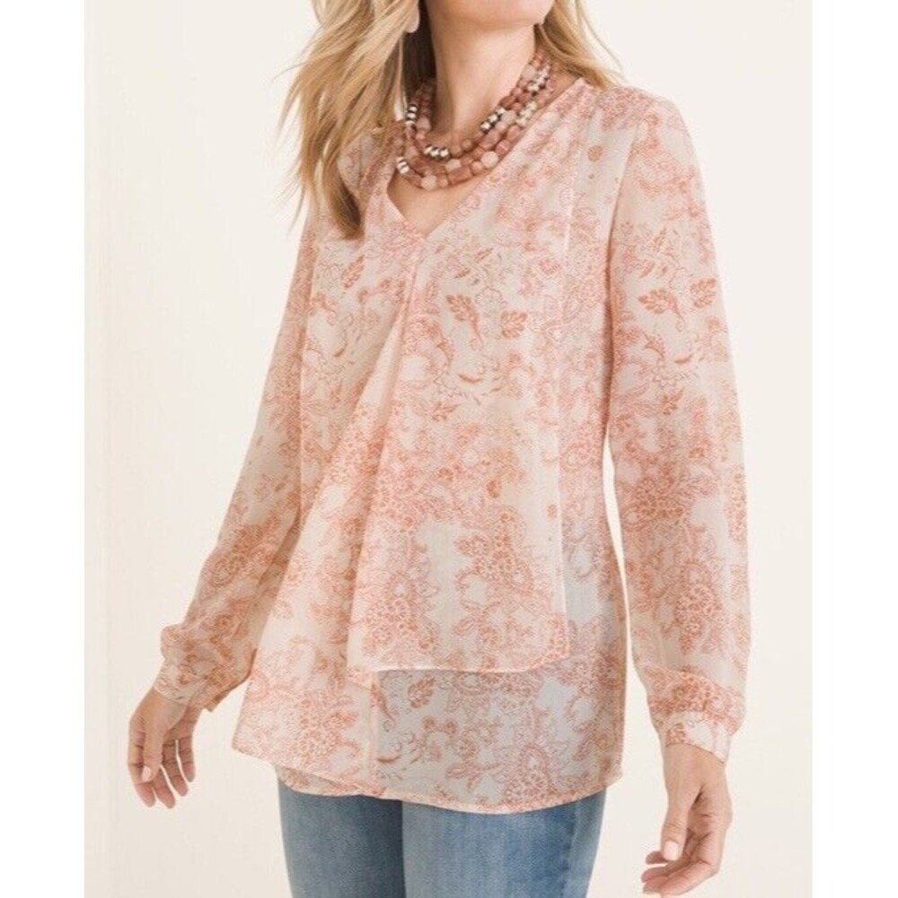 Chico's Blouse Size 1 8/10 Medium Flounce-Front Paisley Top Sheer Pink Peach
